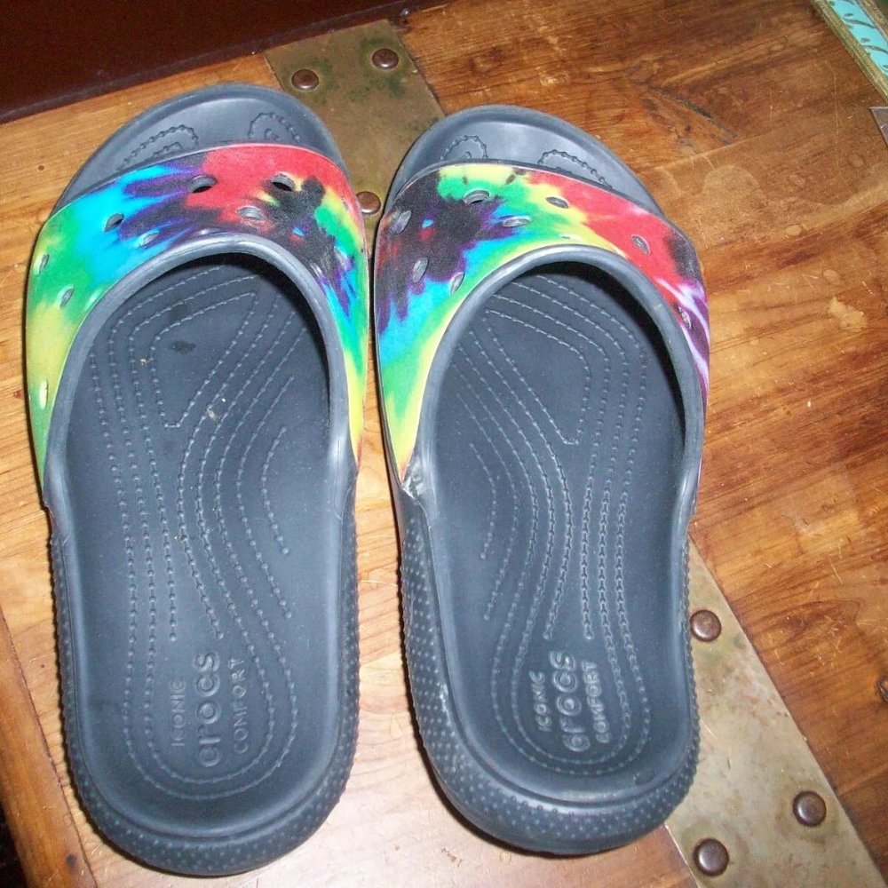 Crocs Iconic Comfort Women's 10 Slip On Slide Sandals Black Rainbow Tie Dye
